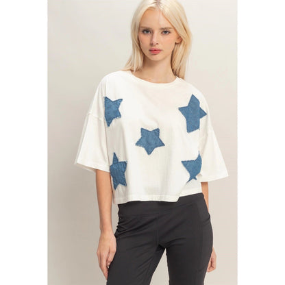 {WHITE} Denim Star Patch Top - Cowgirls & City Chics