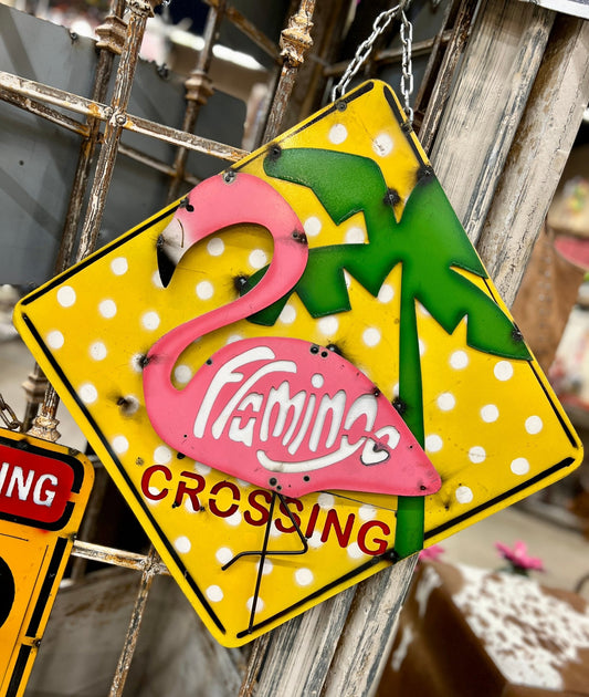 Flamingo Crossing Metal Sign - Cowgirls & City Chics